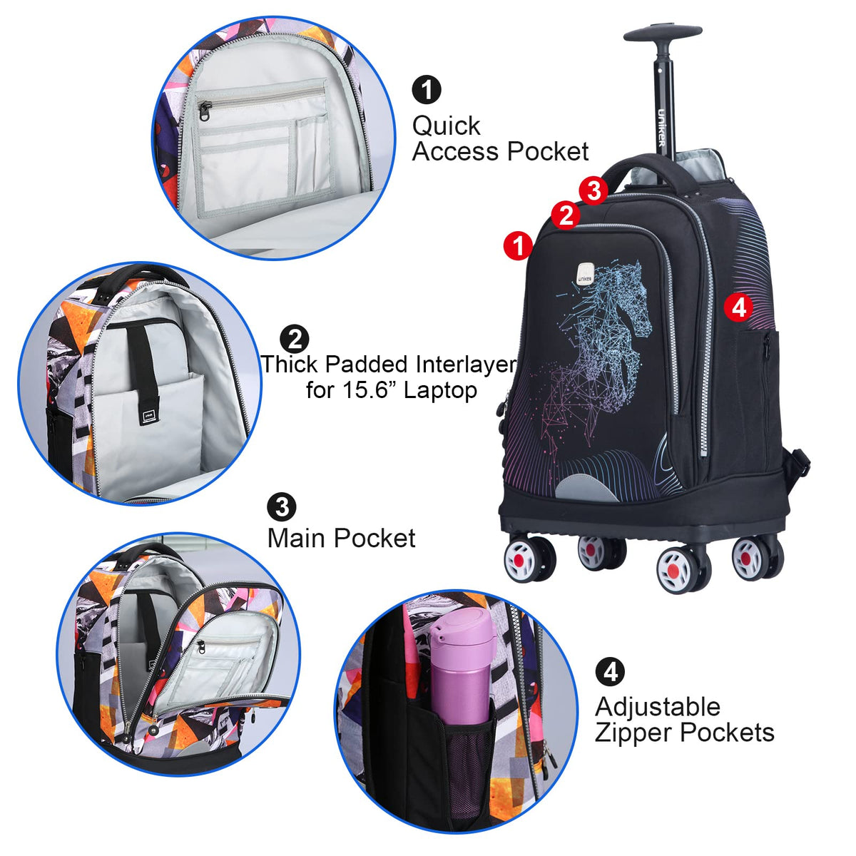 Rolling Backpack with Wheels Fits 15.6 Inch X467391
