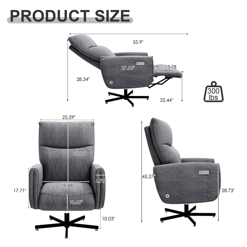 Grey Velvet Swivel Rocker Recliner Chair with USB & Type-C Charging L443954