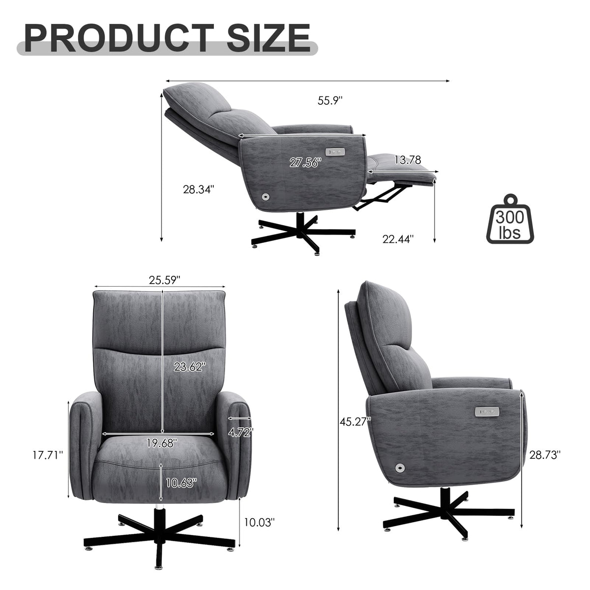 Grey Velvet Swivel Rocker Recliner Chair with USB & Type-C Charging L443954
