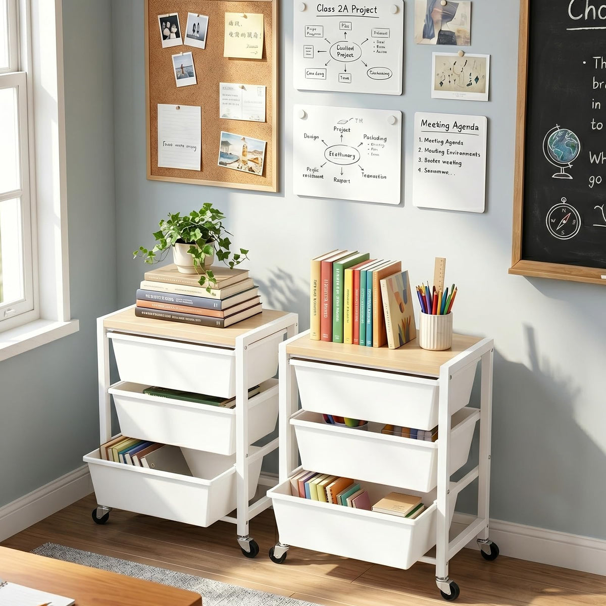 Rolling Cart with 3 Drawers, Lockable Wheels & Wooden Tabletop, Bright White O881733