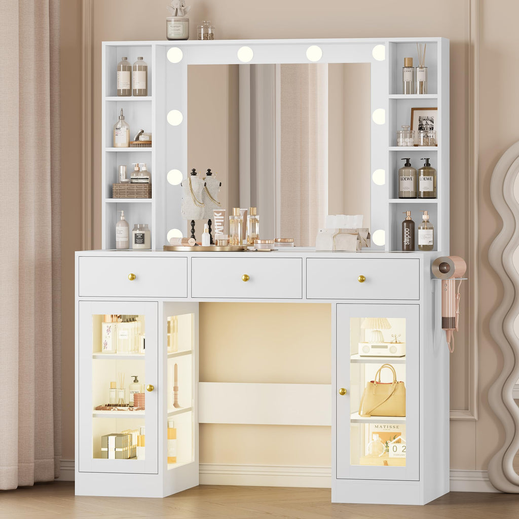 White Makeup Vanity Desk with Mirror and Lights Y72891