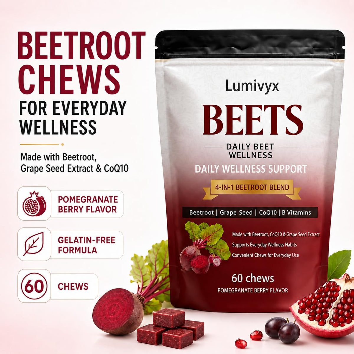 Beet Chews with Grape Seed Extract & CoQ10, 60 Chews D357