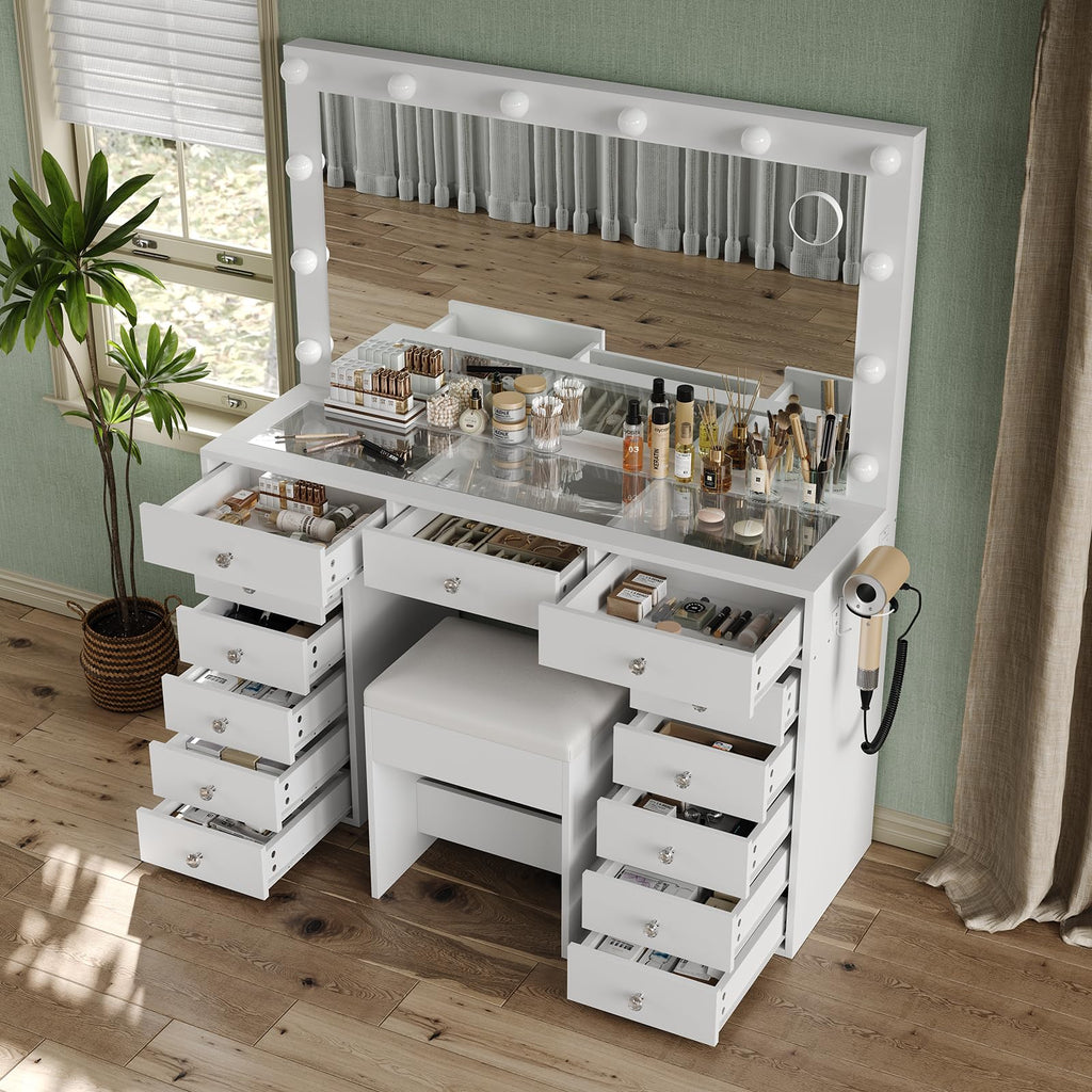 47" White Makeup Vanity with 13 Drawers and HD Mirror S306778