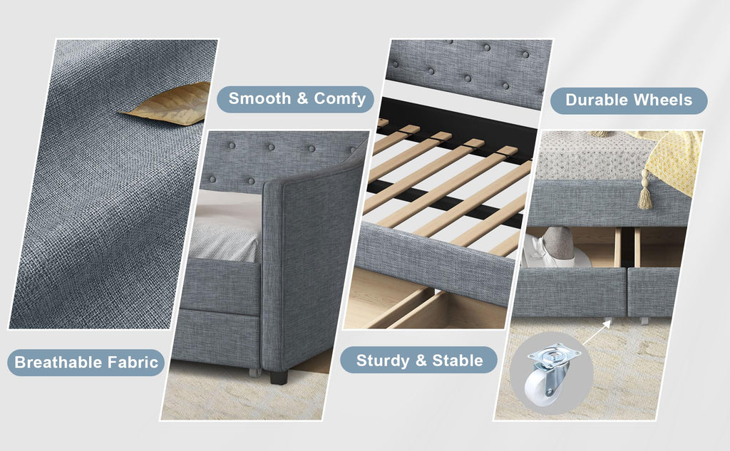 Twin Size Light Grey Linen Upholstered Wood Daybed with Two Drawers Q3864