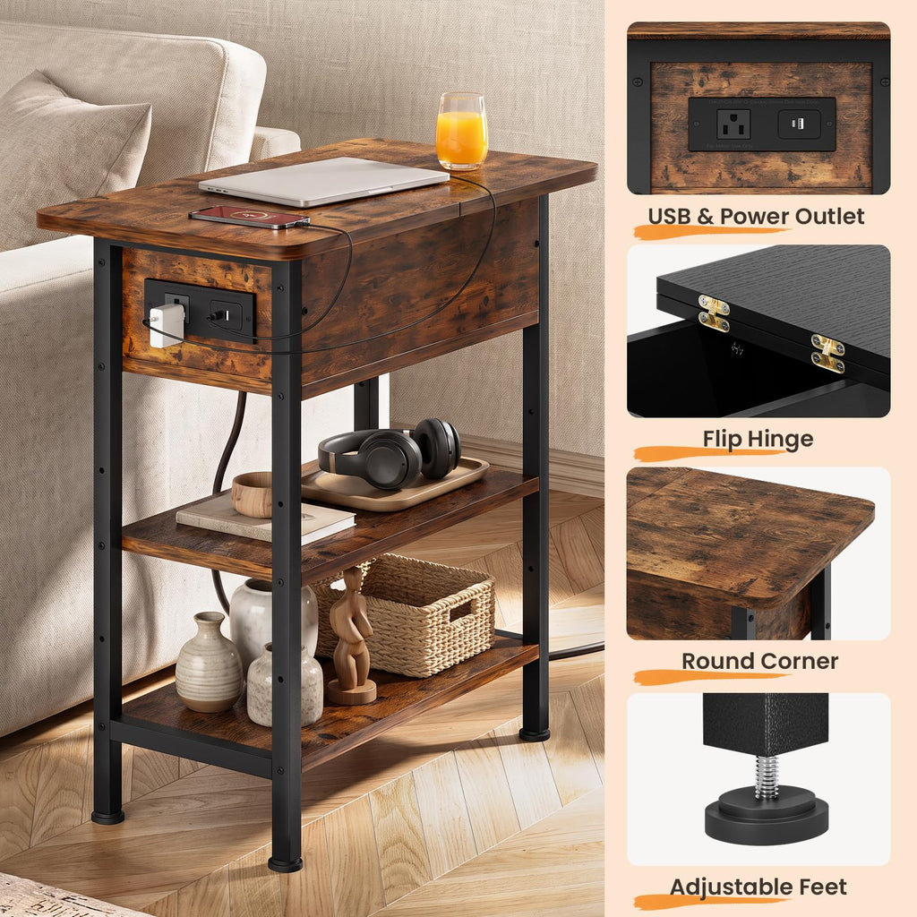 End Table with Charging Station, 3-Tier Storage Nightstand V904292