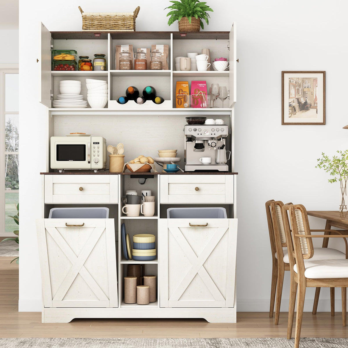 White Kitchen Pantry Storage Cabinet with Power Outlets and Two Drawers G15125