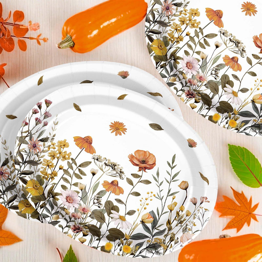 50Pcs Fall Oval Paper Plates 10" x 12" Heavy Duty Disposable Platters E7352