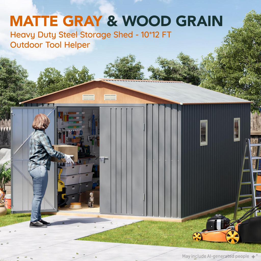 10x12x7.4FT Outdoor Storage Shed with Lockable Doors T678