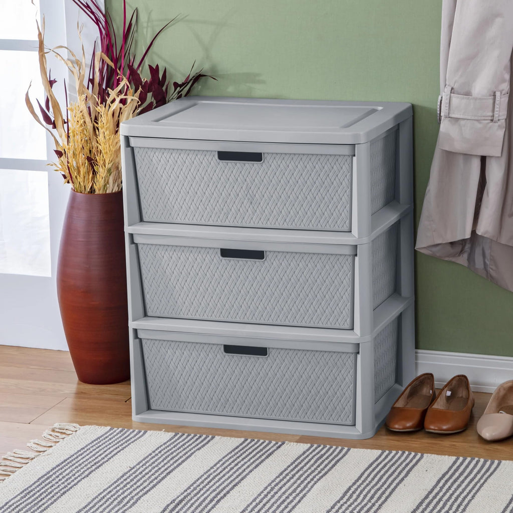Wide 3-Drawer Plastic Storage Tower with Removable Bins, Gray G4733