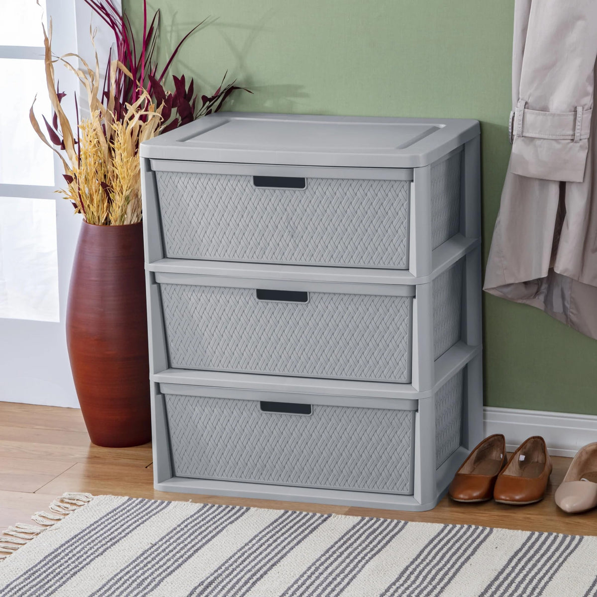 Wide 3-Drawer Plastic Storage Tower with Removable Bins, Gray G4733