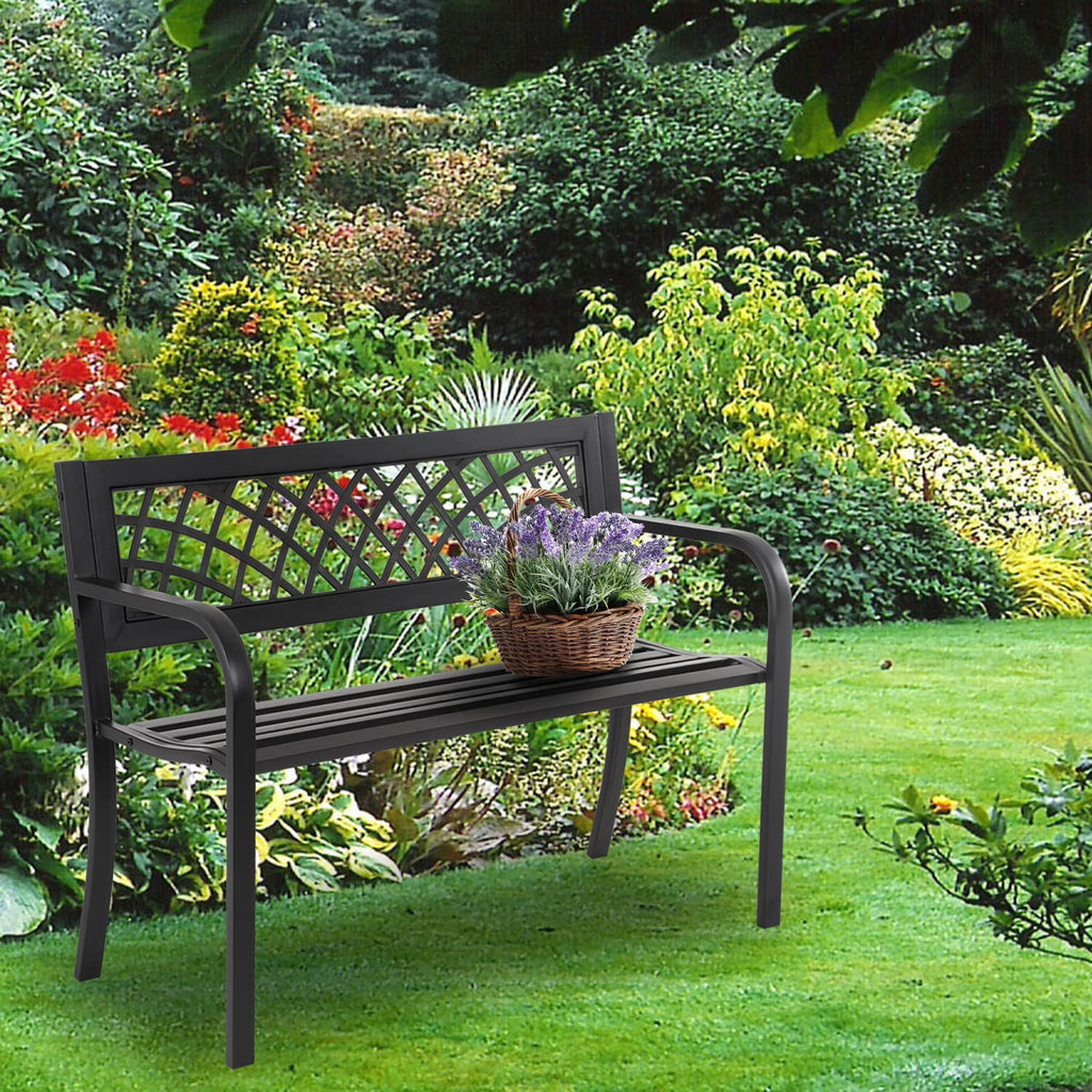 4 Feet Heavy-Duty Metal Patio Bench with Backrest Armrests P1953