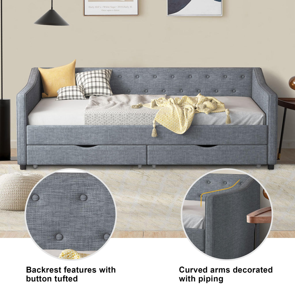 Twin Size Light Grey Linen Upholstered Wood Daybed with Two Drawers Q3864