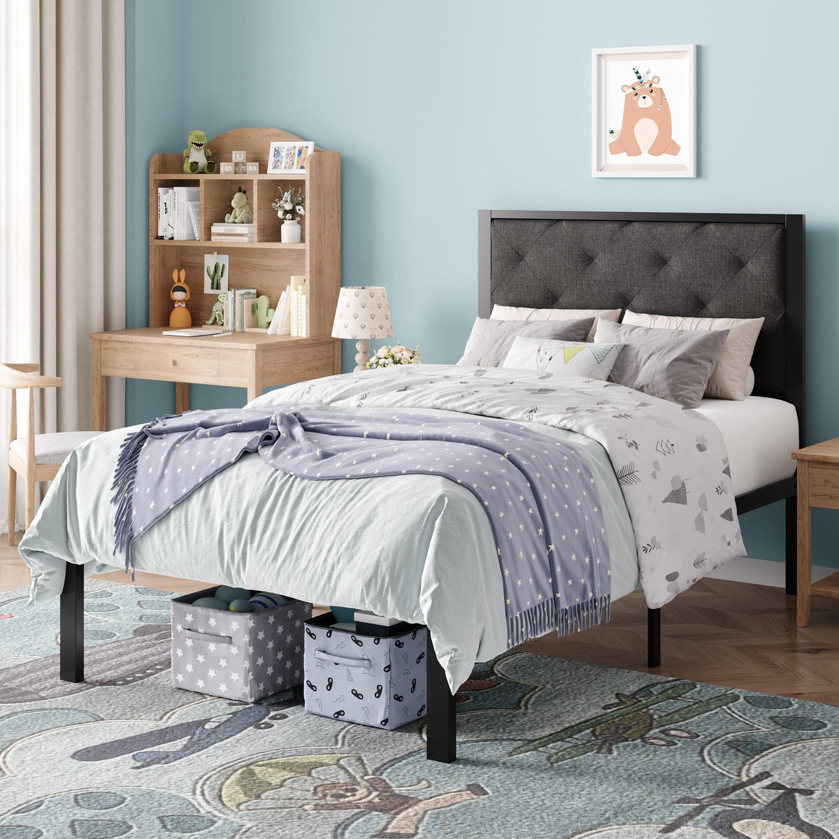 Twin Size Metal Bed Frame with Linen Tufted Headboard W9415