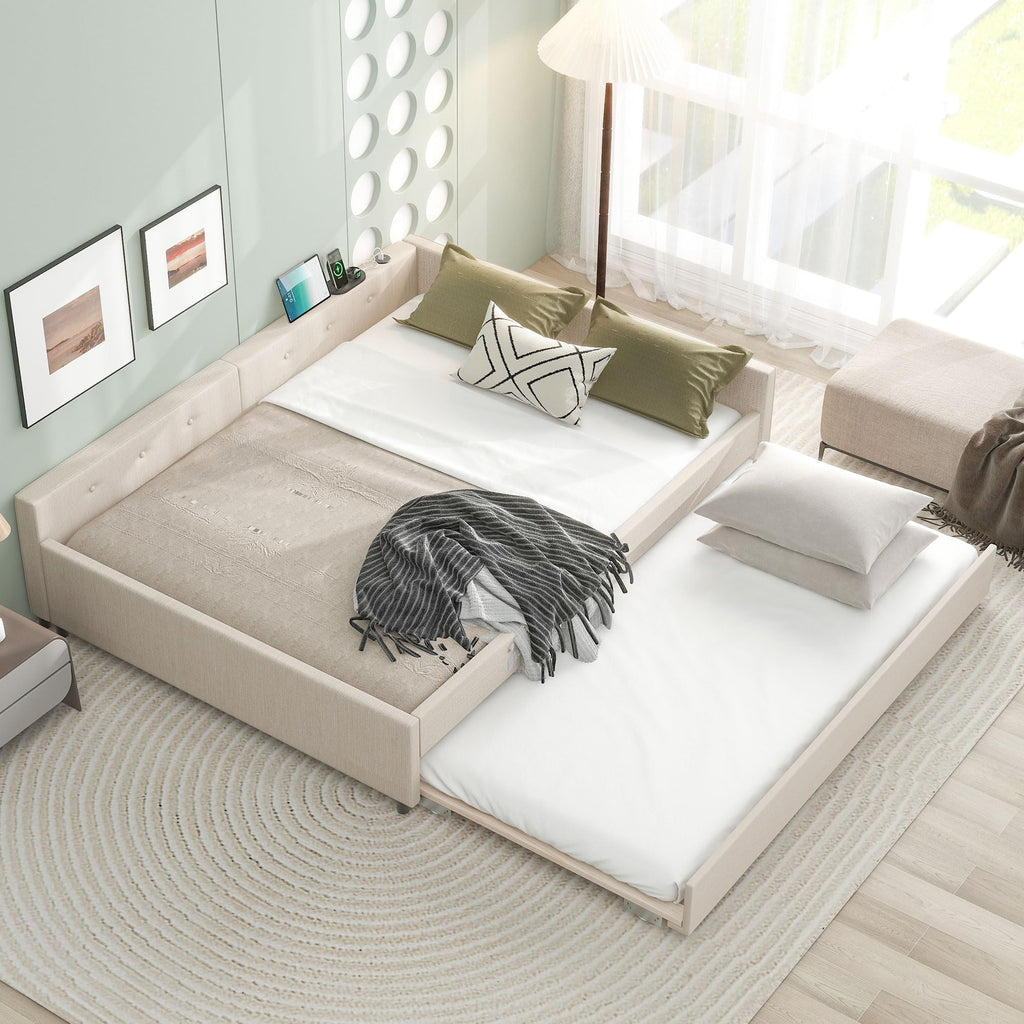 Queen Size Linen Fabric Upholstered Daybed with Trundle B26084