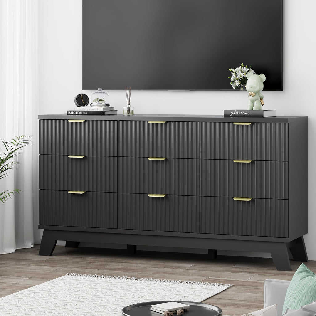 Black 9 Drawer Fluted Wood Dresser H14818