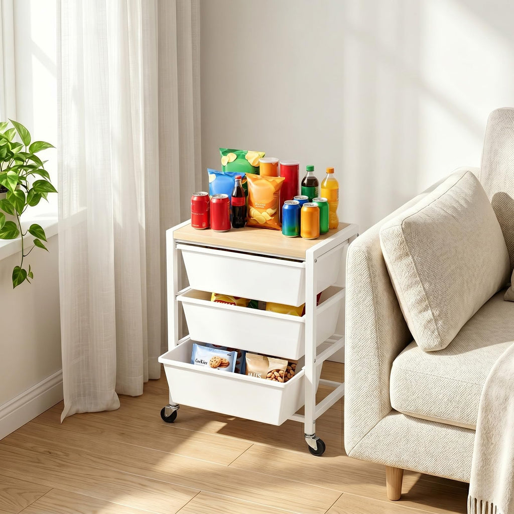 Rolling Cart with 3 Drawers, Lockable Wheels & Wooden Tabletop, Bright White O881733