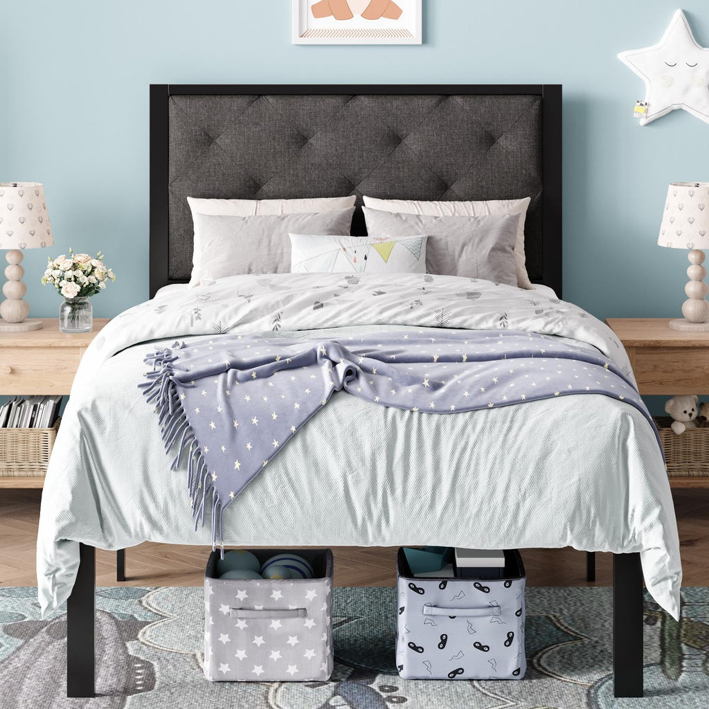 Twin Size Metal Bed Frame with Linen Tufted Headboard W9415