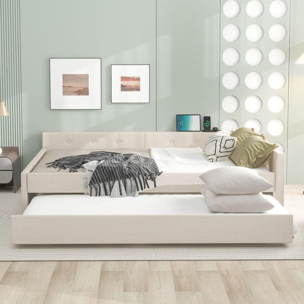 Queen Size Linen Fabric Upholstered Daybed with Trundle B26084
