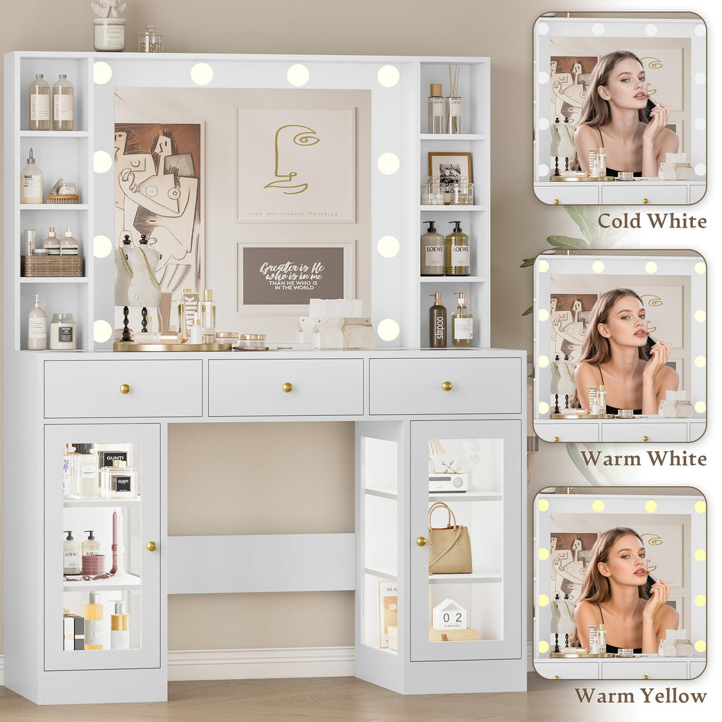 White Makeup Vanity Desk with Mirror and Lights Y72891