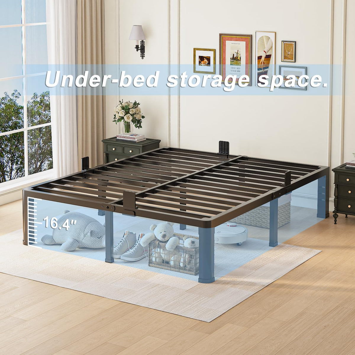 Queen Bed Frame with Headboard Hole and Steel Slats Support V697