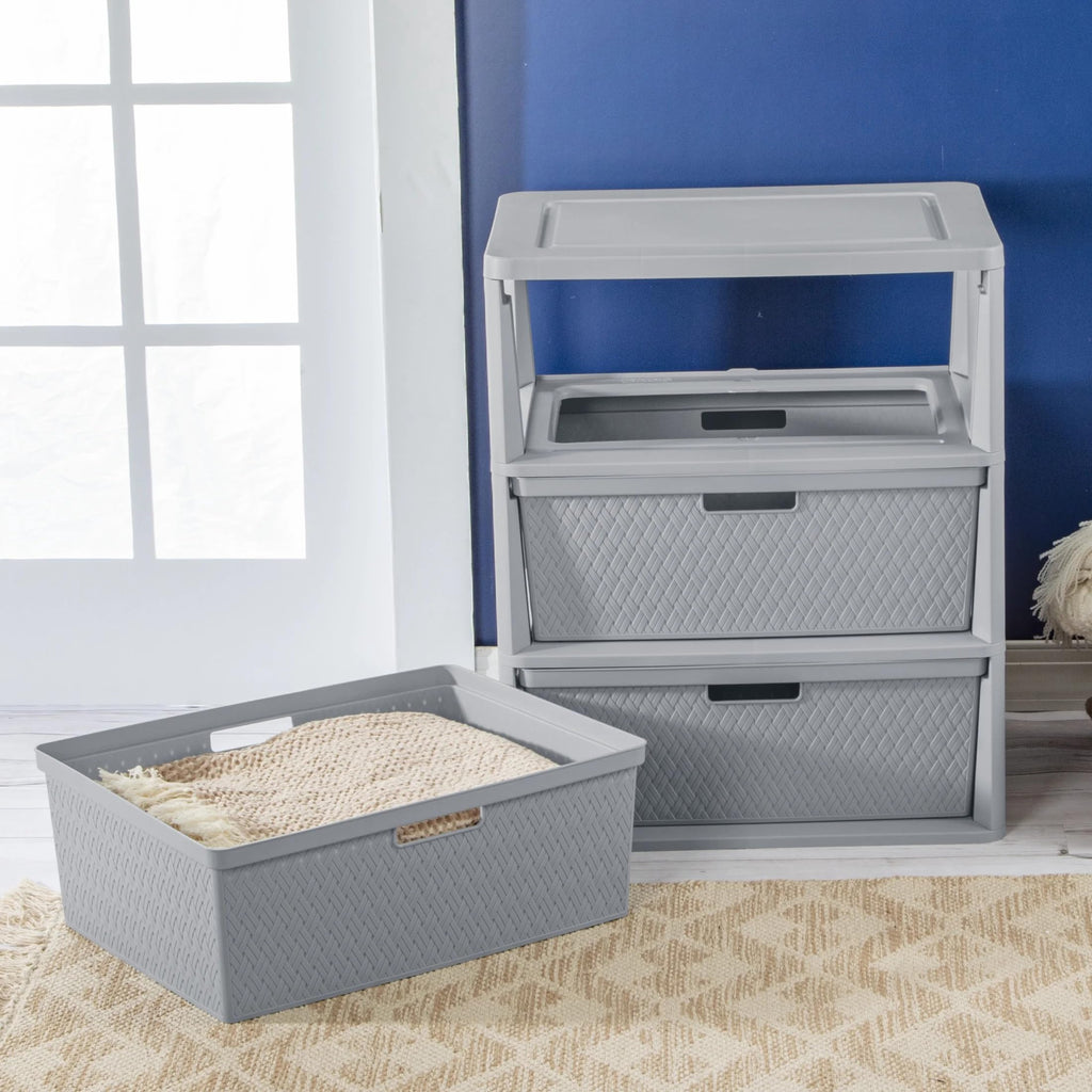 Wide 3-Drawer Plastic Storage Tower with Removable Bins, Gray G4733