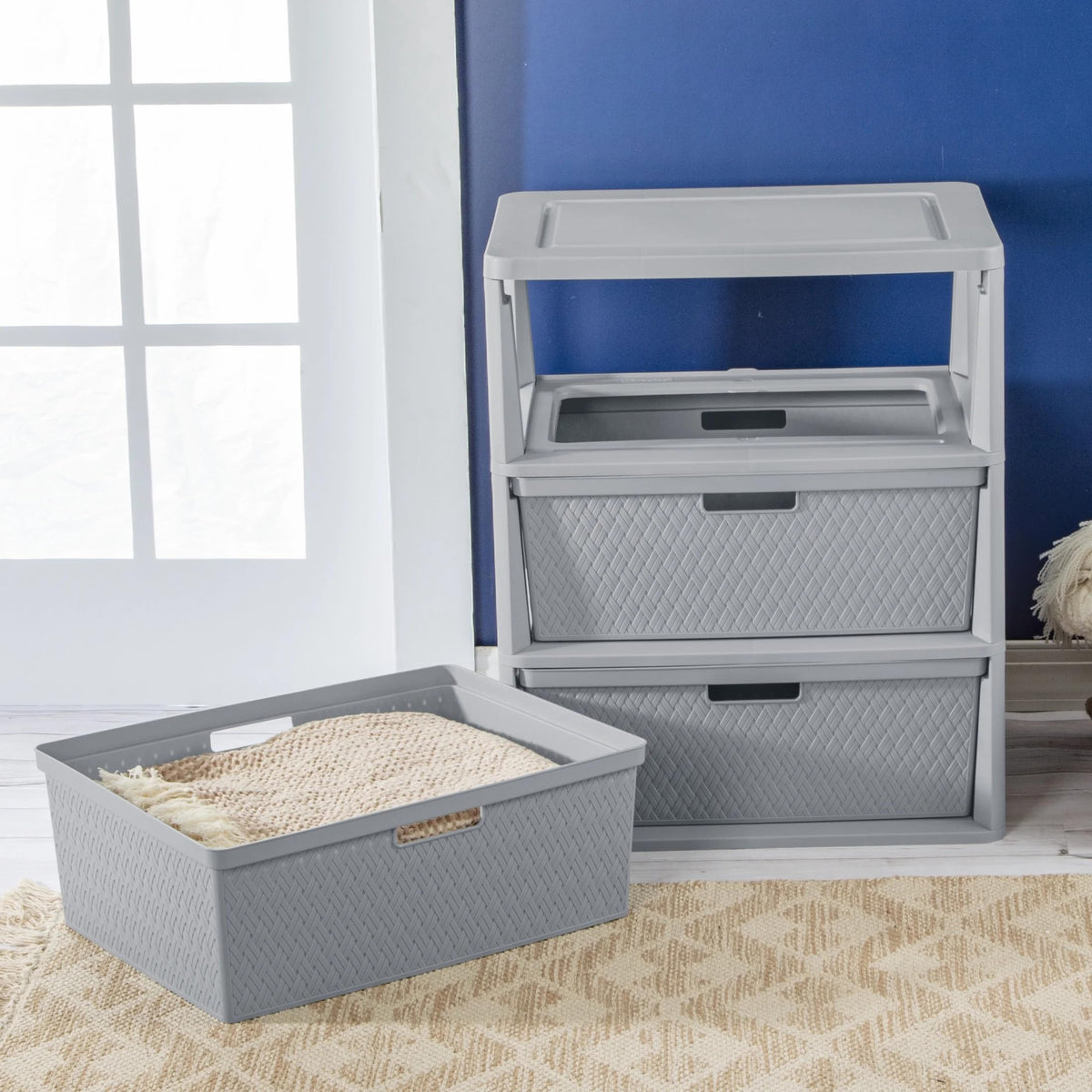 Wide 3-Drawer Plastic Storage Tower with Removable Bins, Gray G4733