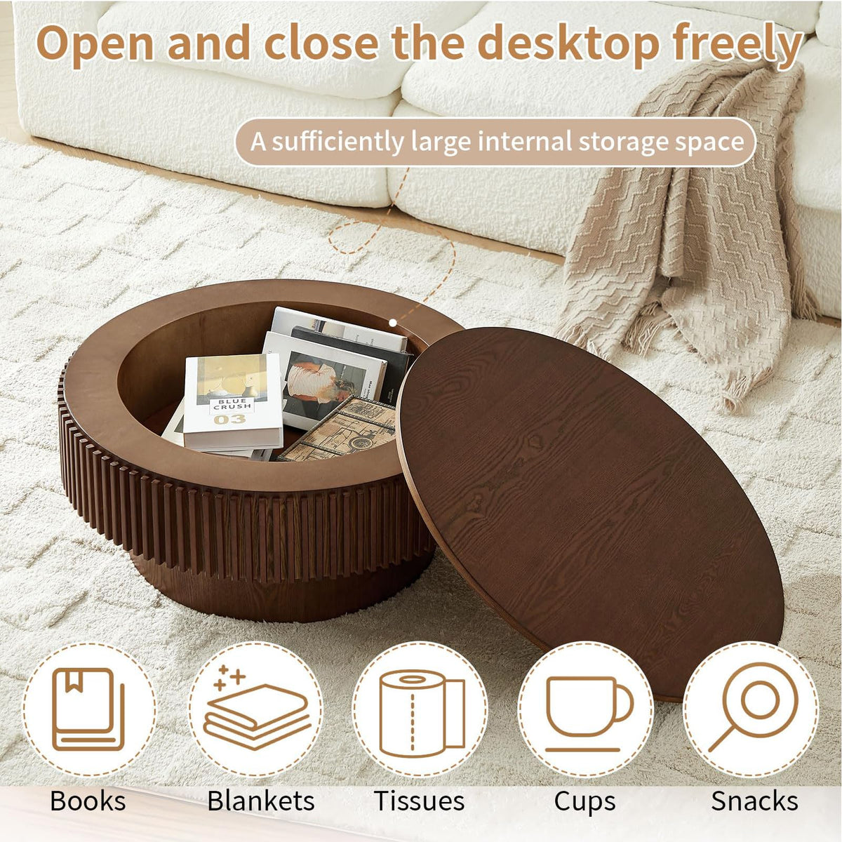 Walnut Round Fluted Coffee Table with Storage F767451