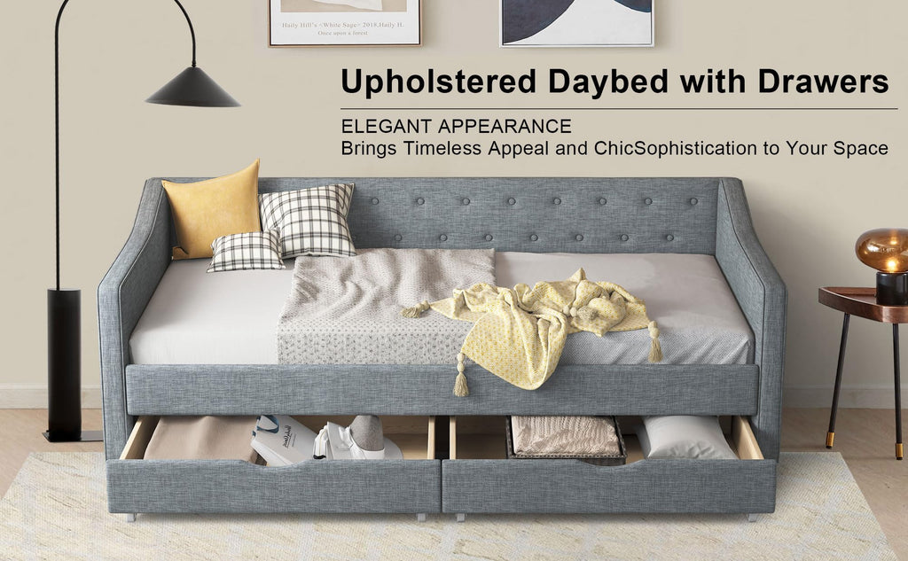 Twin Size Light Grey Linen Upholstered Wood Daybed with Two Drawers Q3864