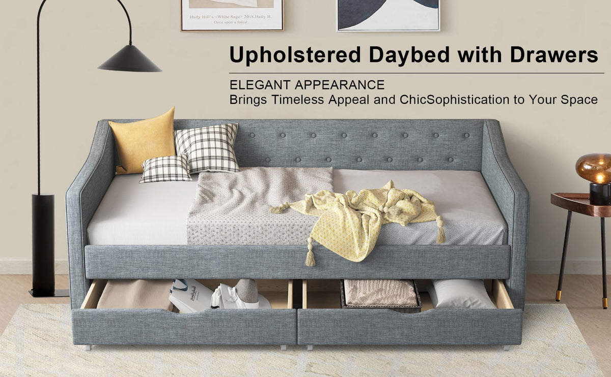 Twin Size Light Grey Linen Upholstered Wood Daybed with Two Drawers Q3864