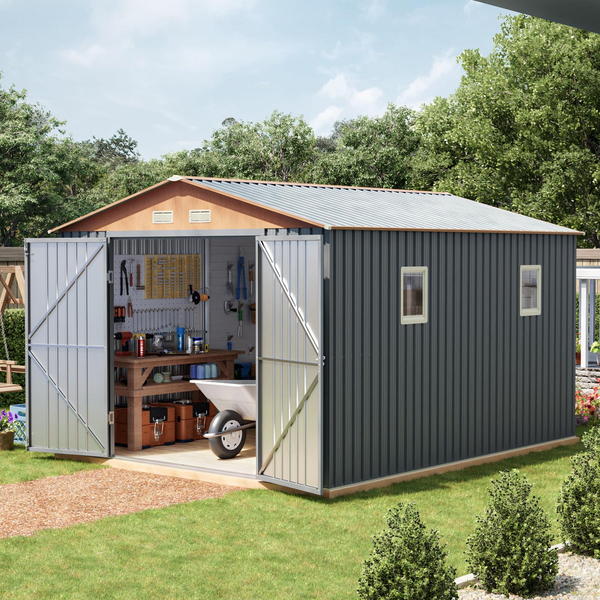 10x12x7.4FT Outdoor Storage Shed with Lockable Doors T678