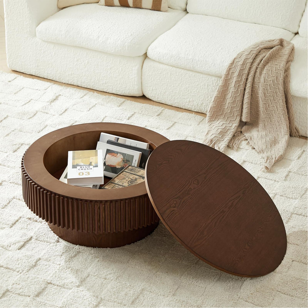 Walnut Round Fluted Coffee Table with Storage F767451