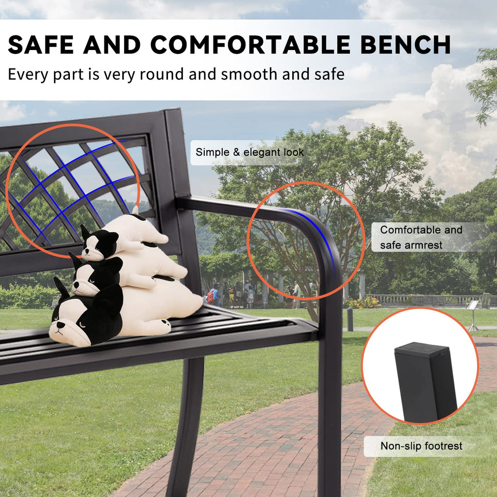 4 Feet Heavy-Duty Metal Patio Bench with Backrest Armrests P1953