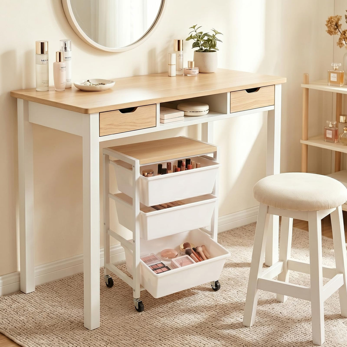 Rolling Cart with 3 Drawers, Lockable Wheels & Wooden Tabletop, Bright White O881733
