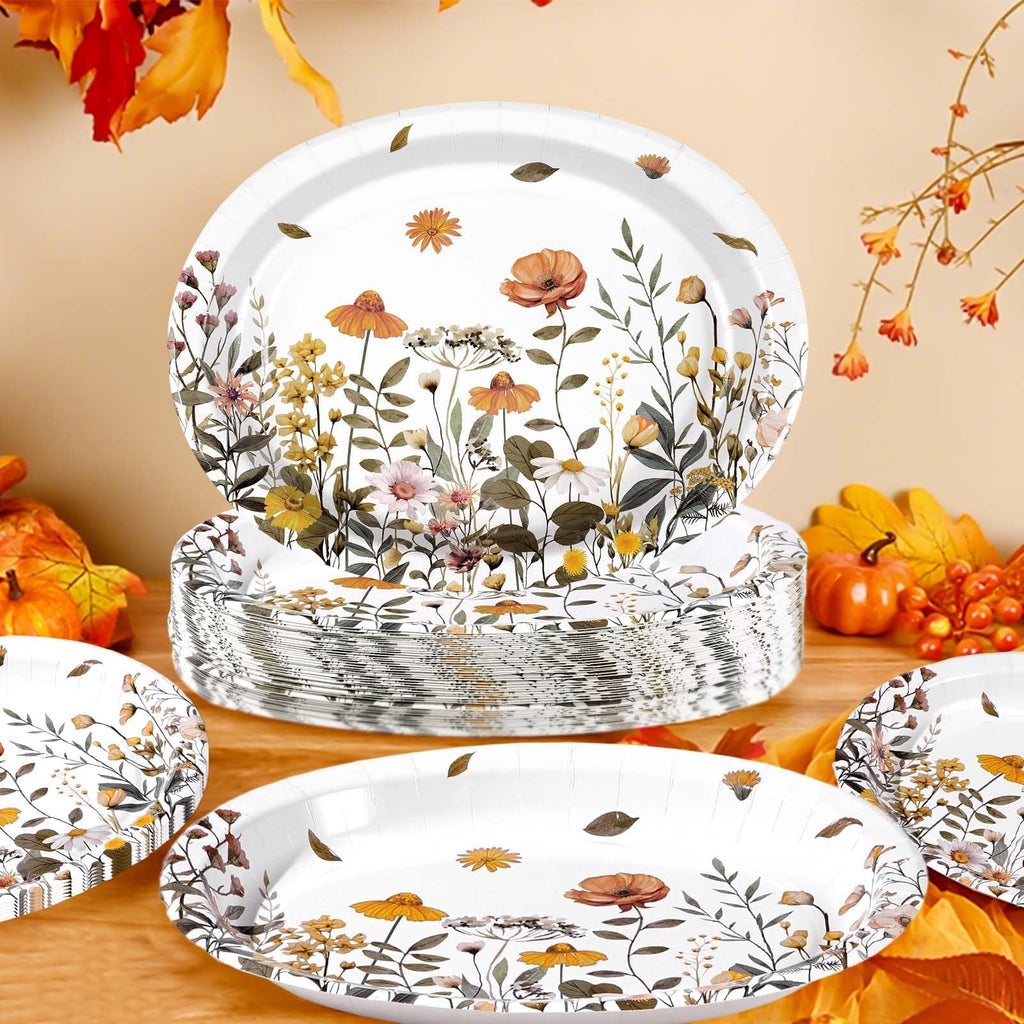 50Pcs Fall Oval Paper Plates 10" x 12" Heavy Duty Disposable Platters E7352
