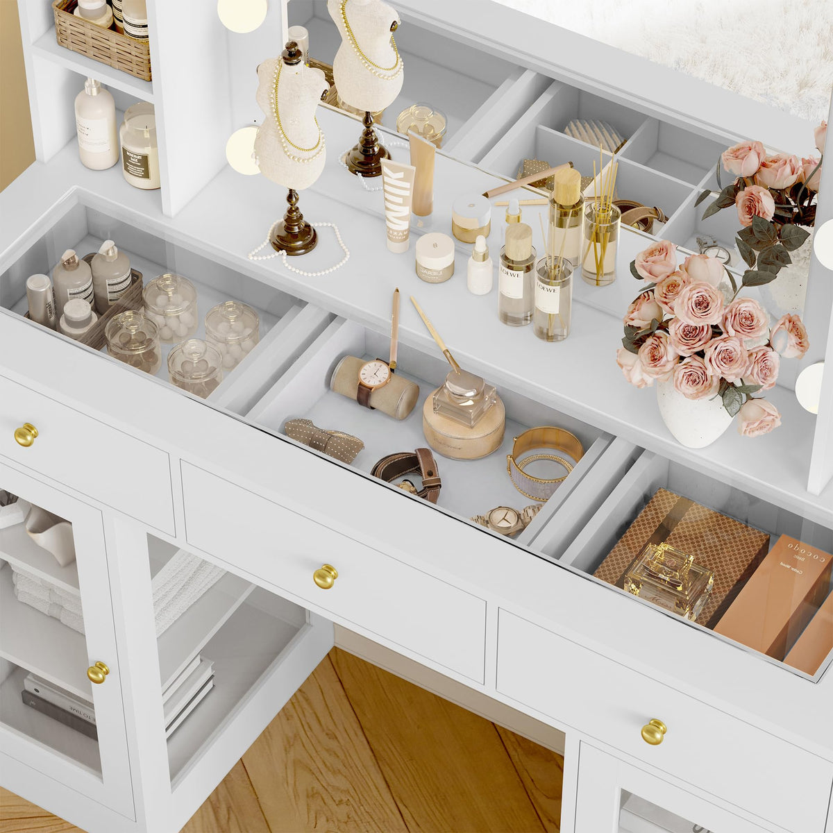 White Makeup Vanity Desk with Mirror and Lights Y72891