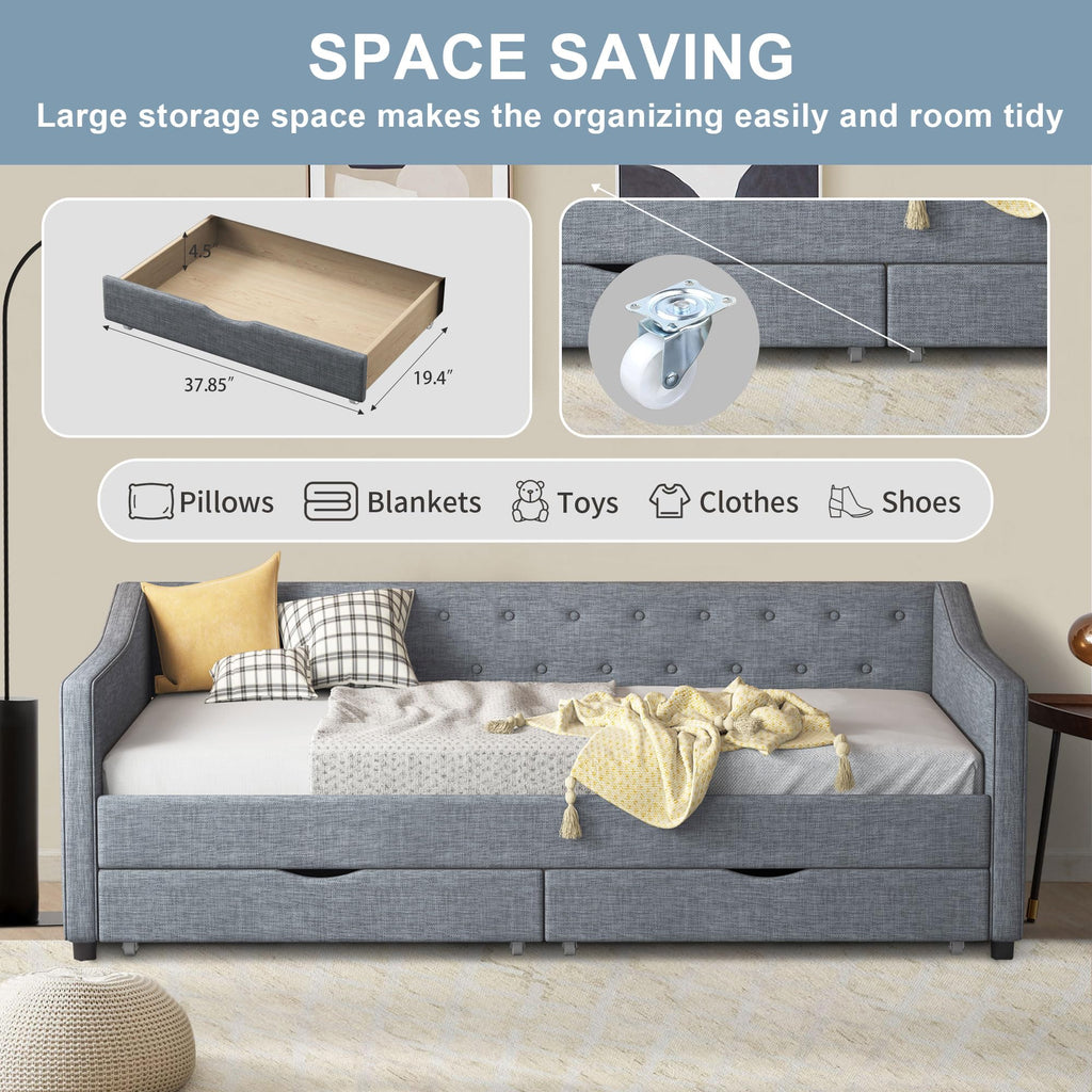 Twin Size Light Grey Linen Upholstered Wood Daybed with Two Drawers Q3864