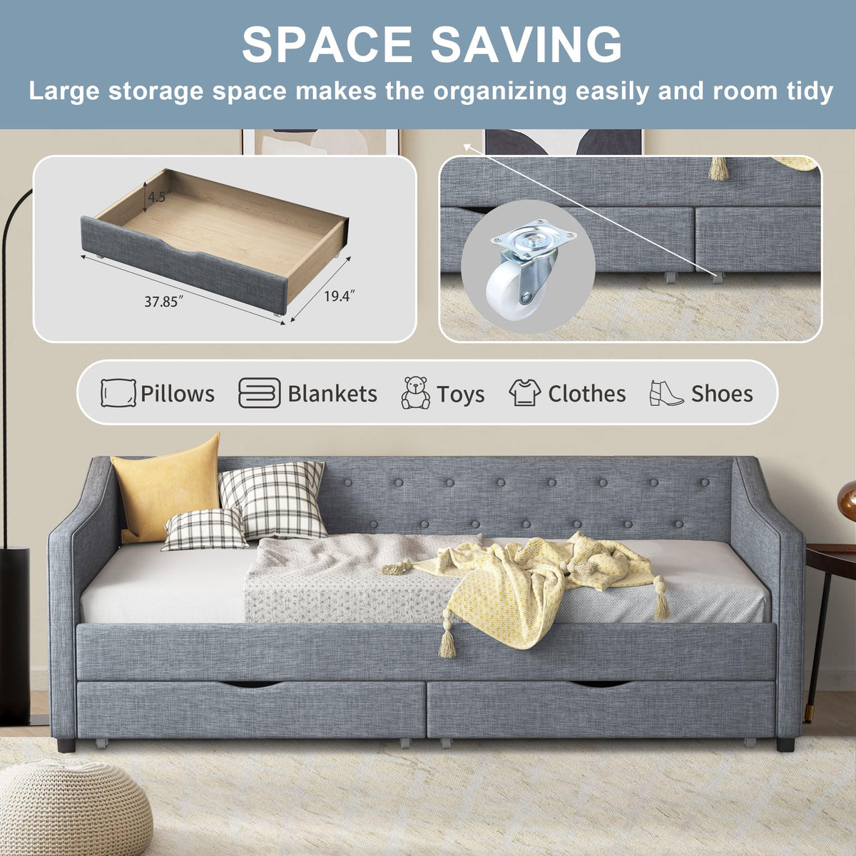 Twin Size Light Grey Linen Upholstered Wood Daybed with Two Drawers Q3864