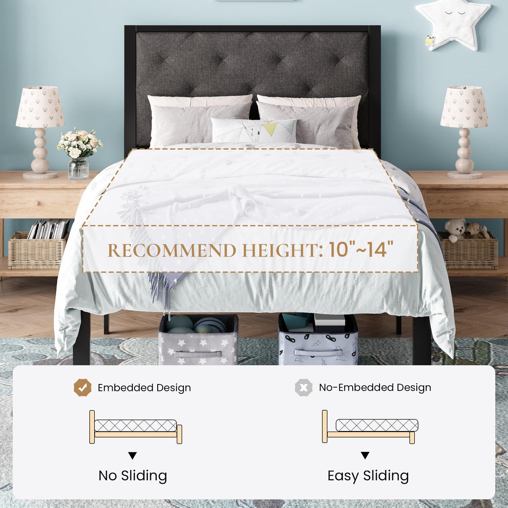 Twin Size Metal Bed Frame with Linen Tufted Headboard W9415