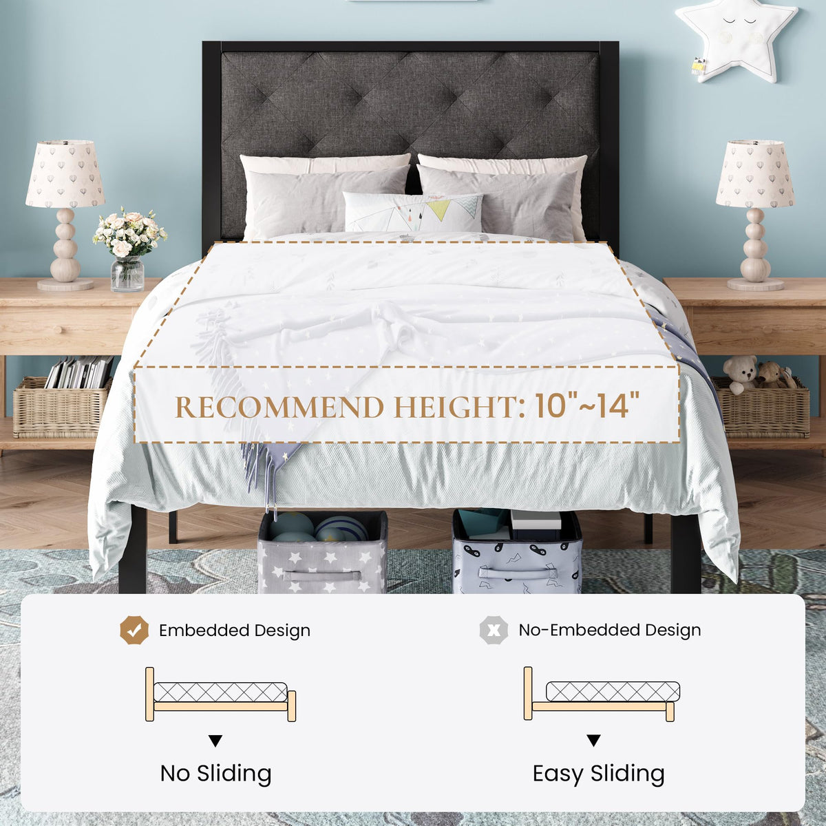 Twin Size Metal Bed Frame with Linen Tufted Headboard W9415