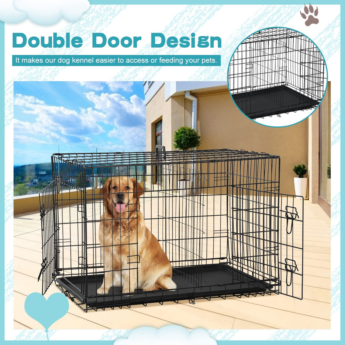 36 Inch Double-Door Metal Dog Crate with Tray and Divider S9839