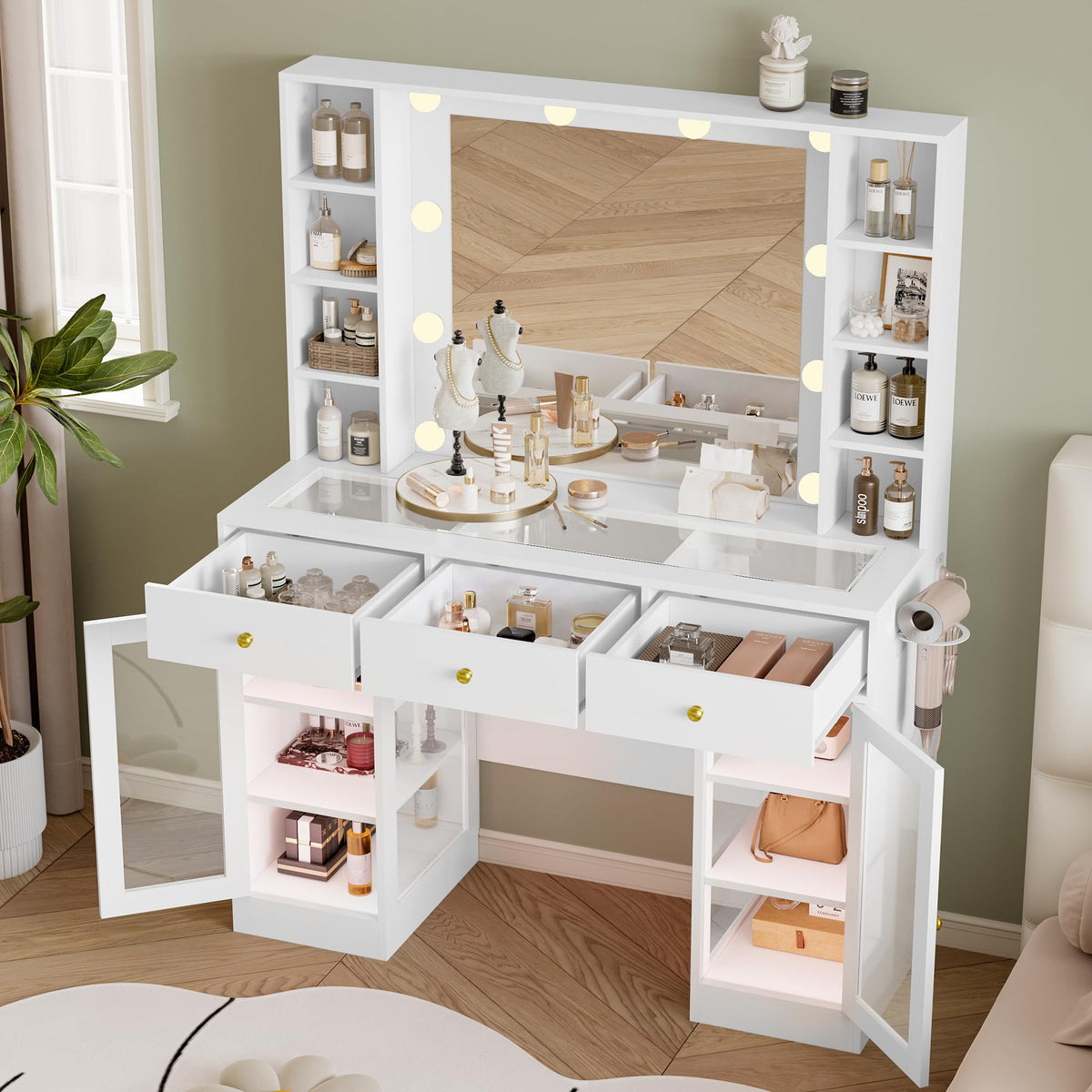 White Makeup Vanity Desk with Mirror and Lights Y72891