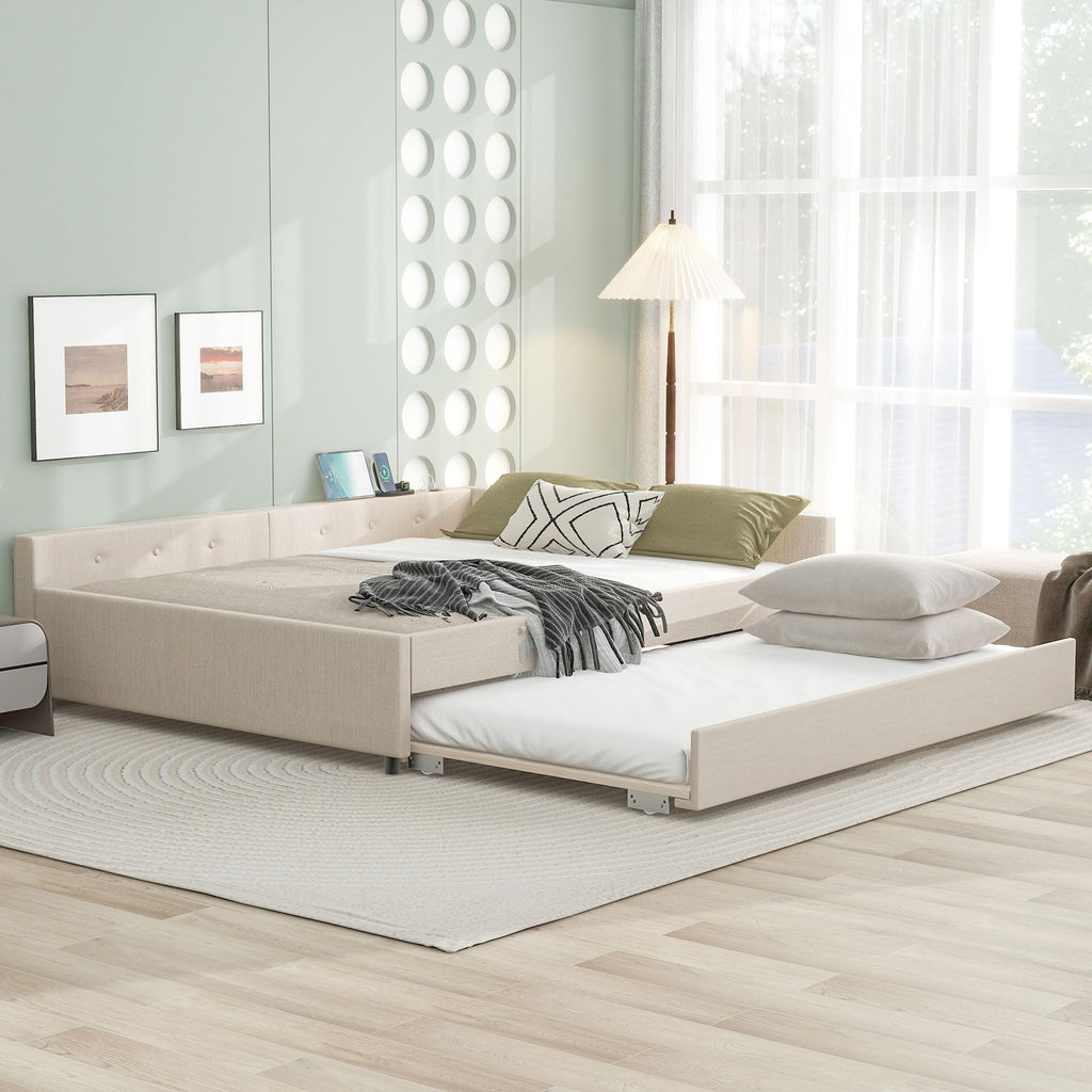 Queen Size Linen Fabric Upholstered Daybed with Trundle B26084