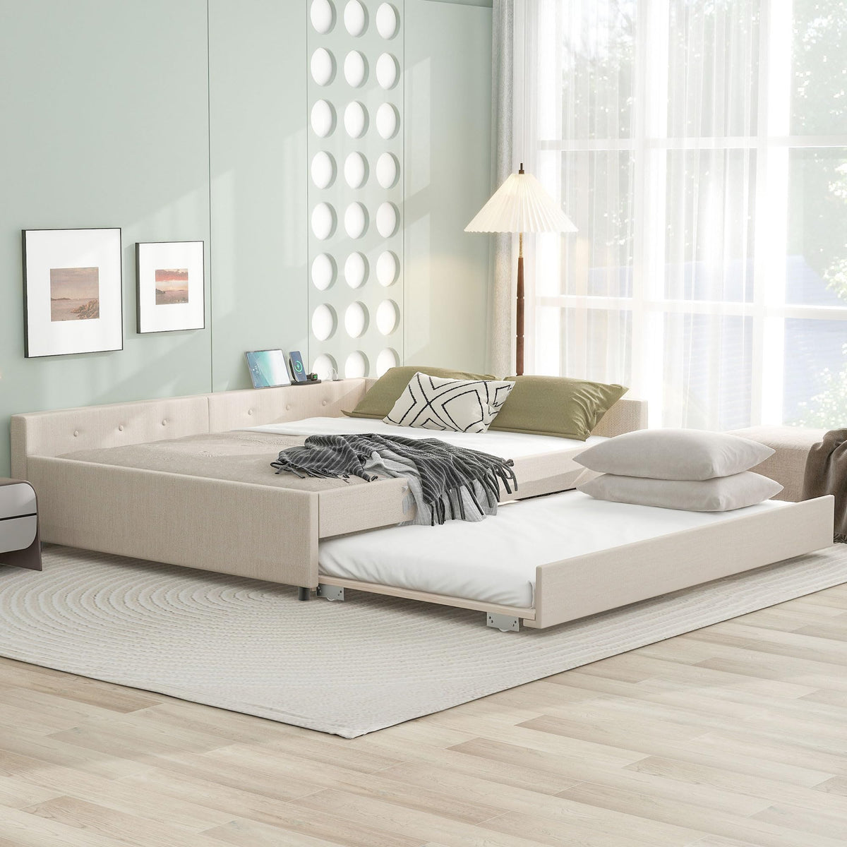 Queen Size Linen Fabric Upholstered Daybed with Trundle B26084