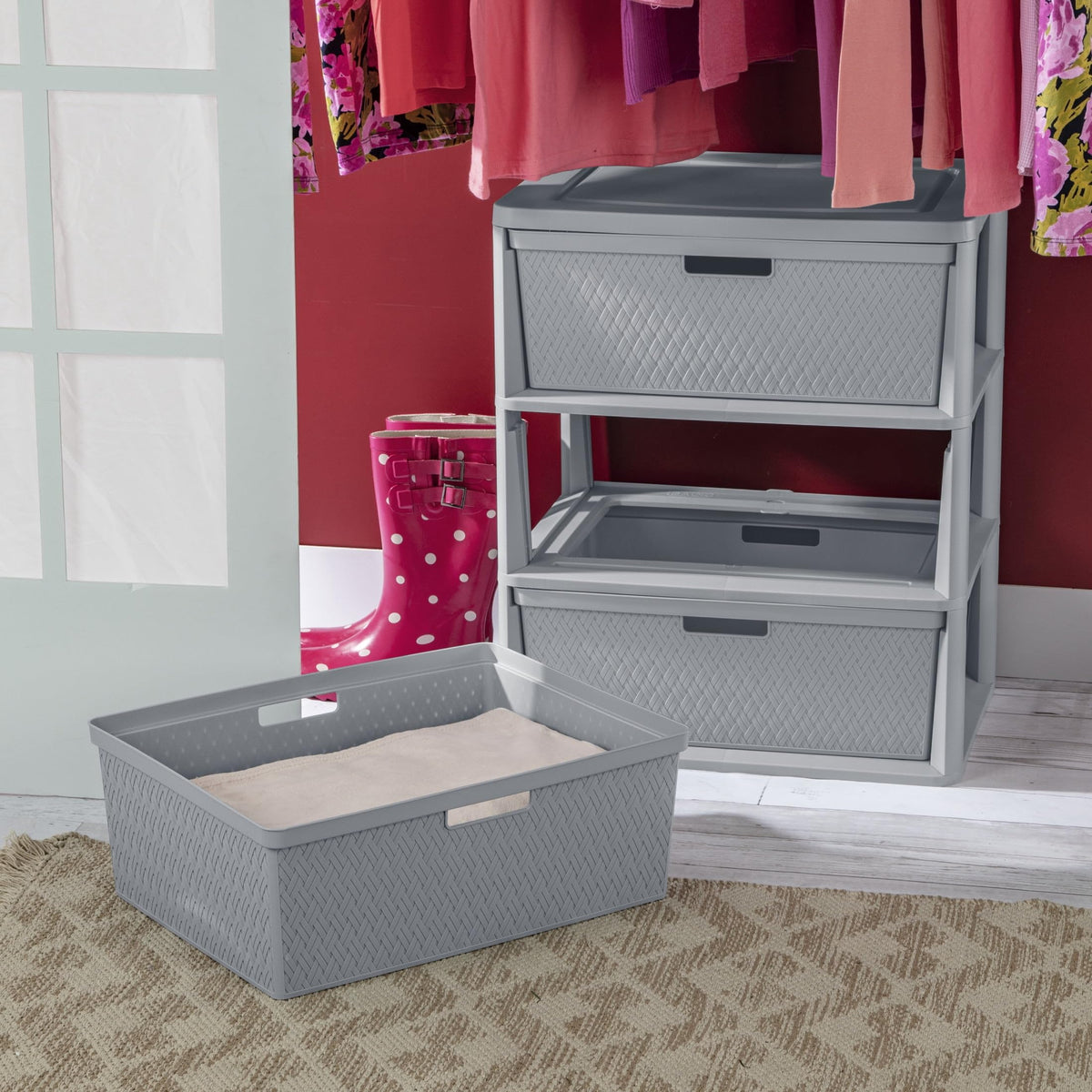 Wide 3-Drawer Plastic Storage Tower with Removable Bins, Gray G4733
