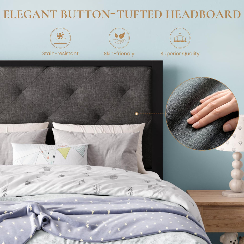 Twin Size Metal Bed Frame with Linen Tufted Headboard W9415