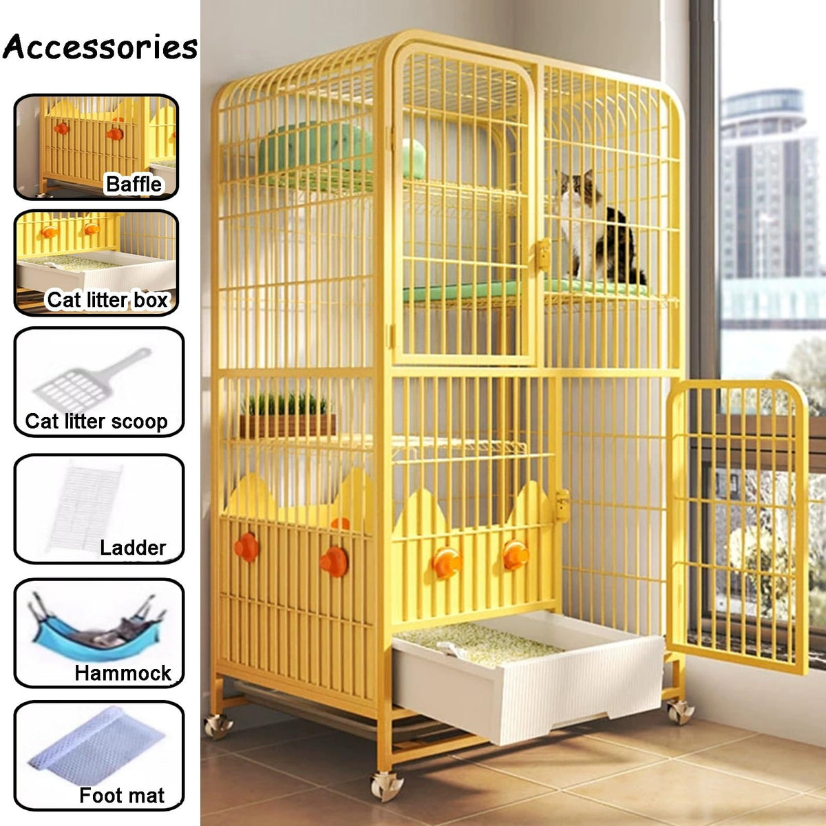 4-Tier Metal Wire Cat Cage with Litter Box and Hammock D614360
