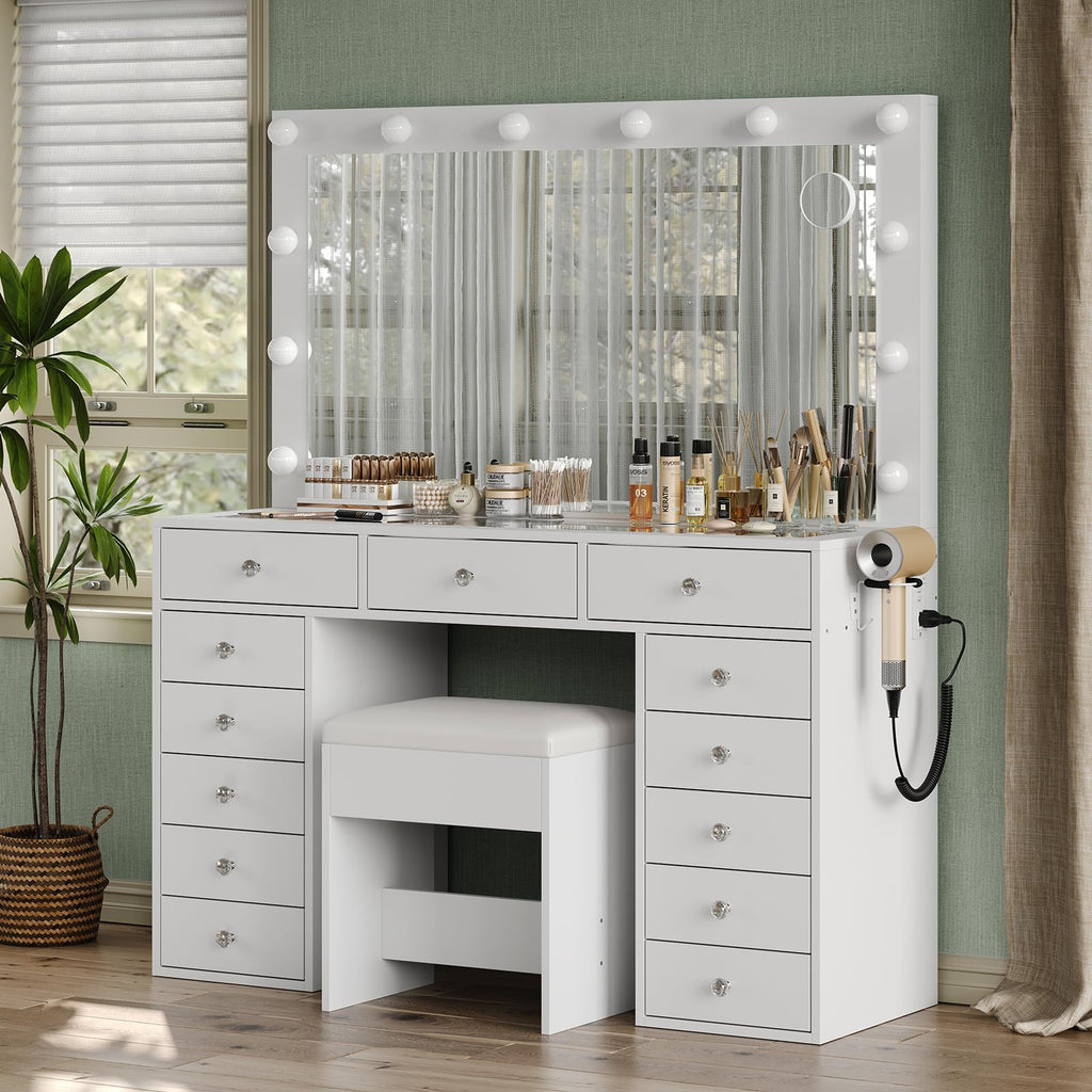 47" White Makeup Vanity with 13 Drawers and HD Mirror S306778