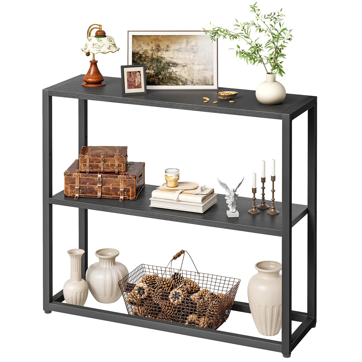 Black Narrow Console Table with Shelves C722