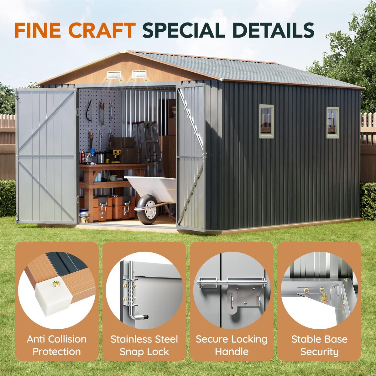 10x12x7.4FT Outdoor Storage Shed with Lockable Doors T678