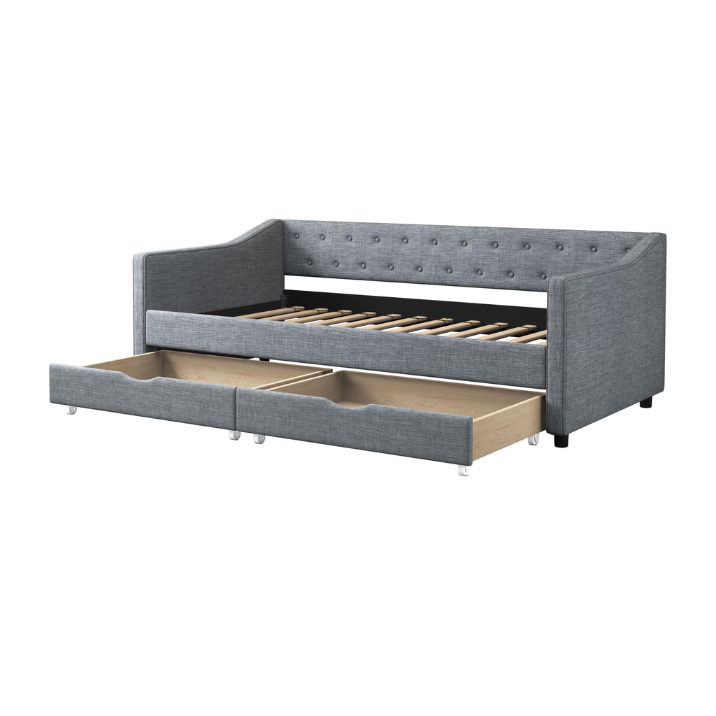Twin Size Light Grey Linen Upholstered Wood Daybed with Two Drawers Q3864